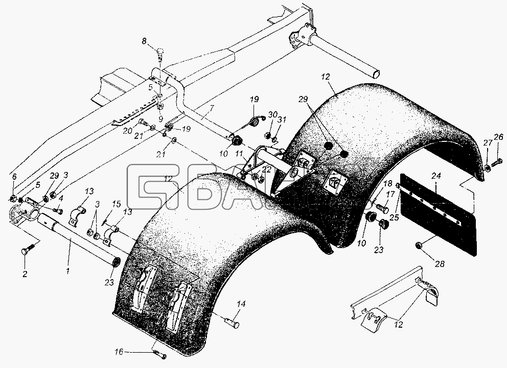 МАЗ МАЗ-64226 Схема Установка задних крыльев и брызговиков-167